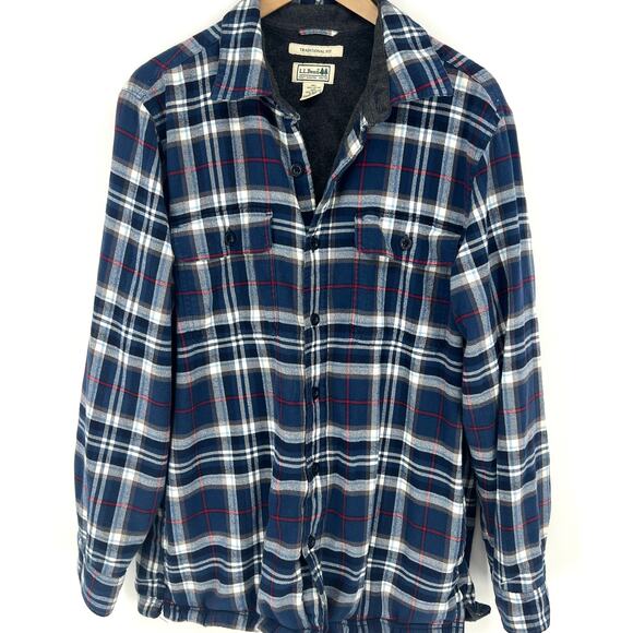 L. L. Bean Mens Fleece Lined Flannel Plaid Shacket Size Medium Blue Black - Picture 1 of 6